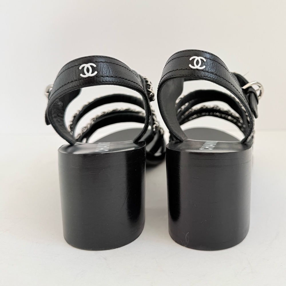 Chanel 20C Chain Strap Sandals Black Calfskin Silver Chain Heel Sandals EU 39.5 - Picture 7 of 10